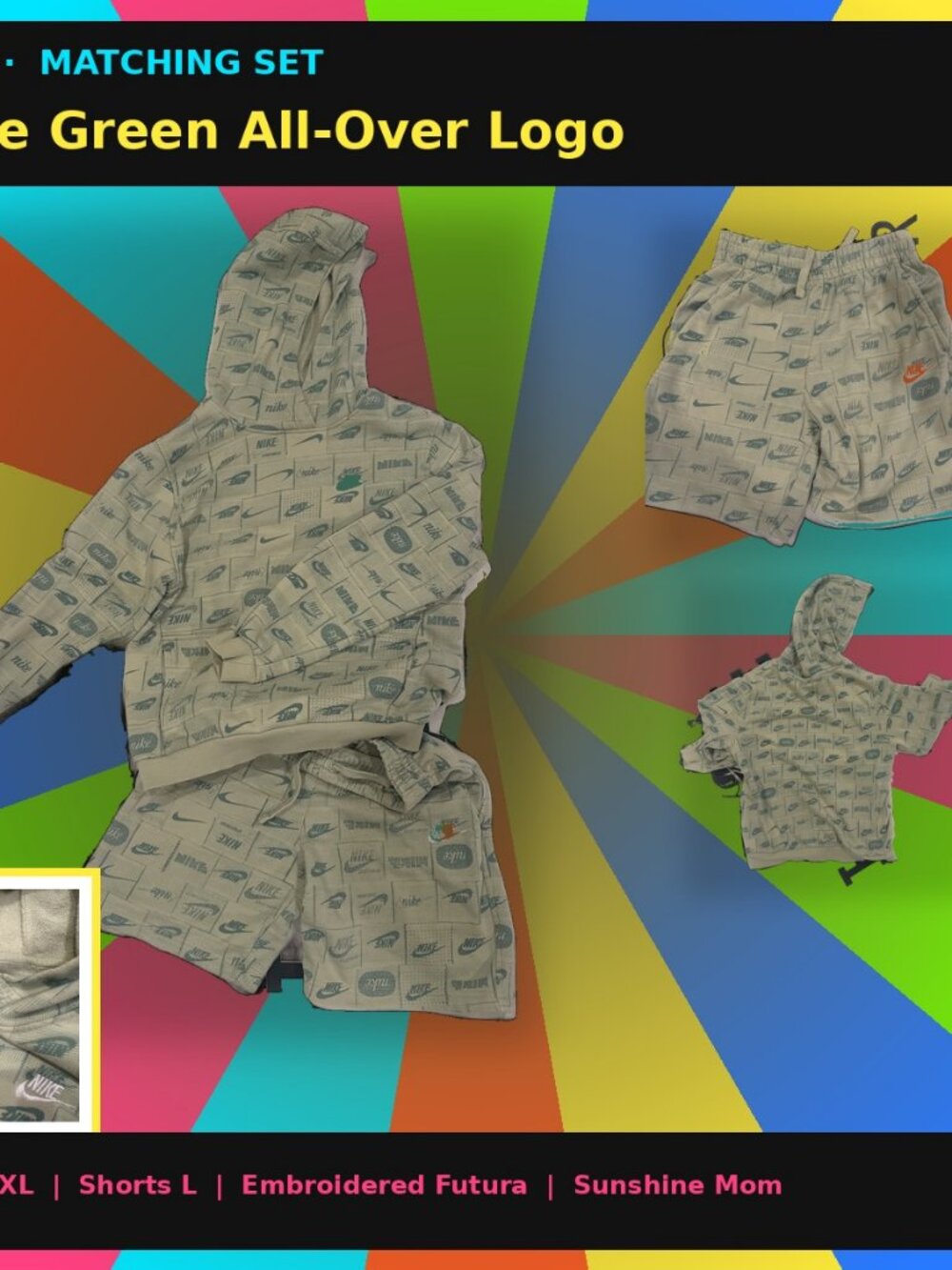 Nike Sage Green All-Over Logo Matching Set Hoodie XL Shorts L Embroidered Futura